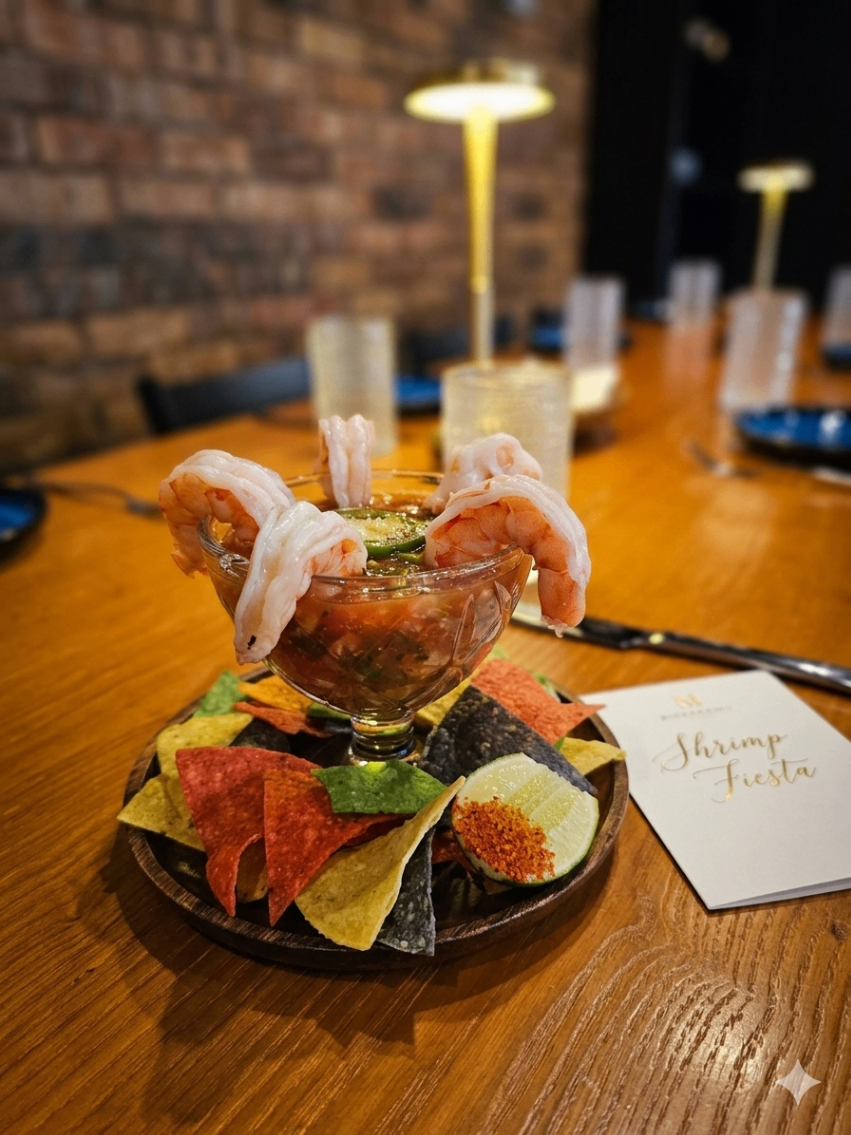 Shrimp appetizer with colorful chips on a wooden table in a dim restaurant