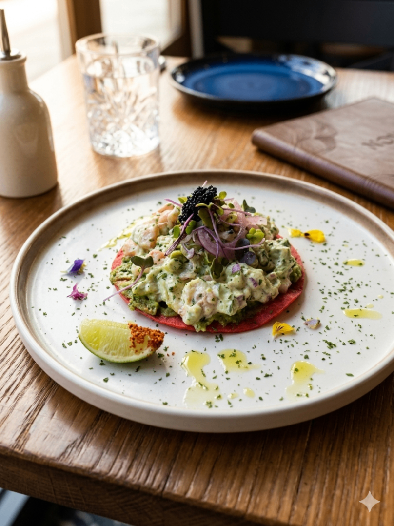 Gourmet avocado dish with lime on a white plate on a wooden table near a blue plate and glass.