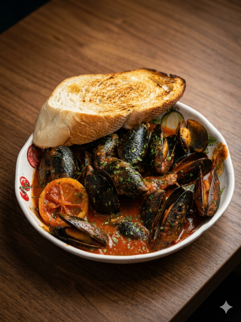 Bowl of mussels in tomato broth topped with a slice of bread on a wooden table