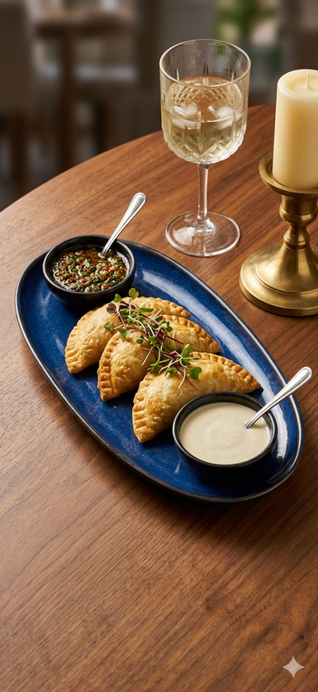 Blue platter with golden fried pastries, two dipping sauces, and a wine glass on a wooden table