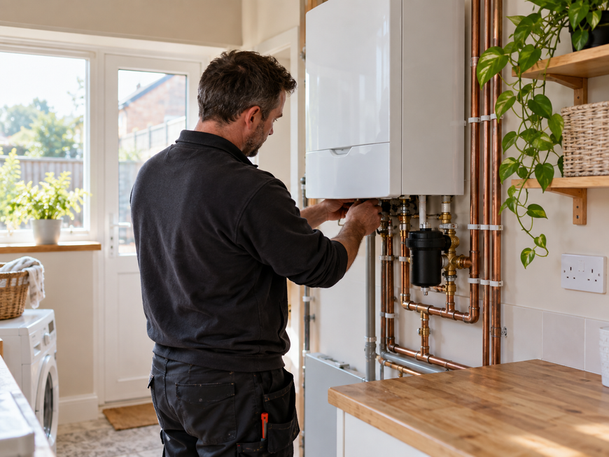 Heating engineer checking a newly installed domestic gas boiler and copper pipework