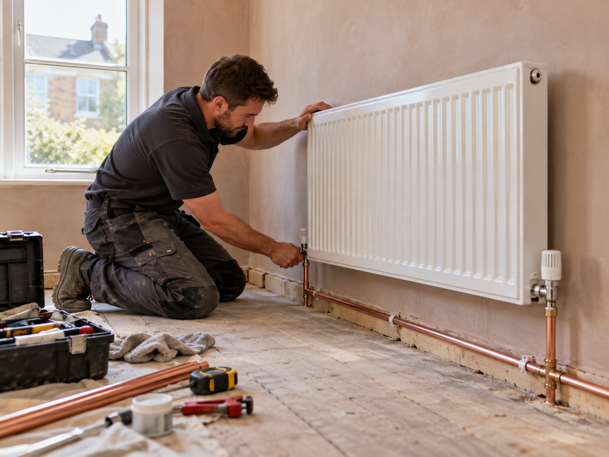 Heating engineer installing a radiator and copper pipework in a home renovation