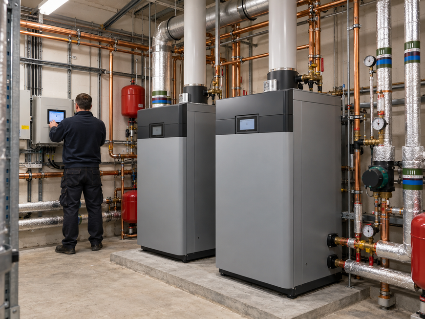 Engineer checking commercial boilers and heating pipework in a plant room