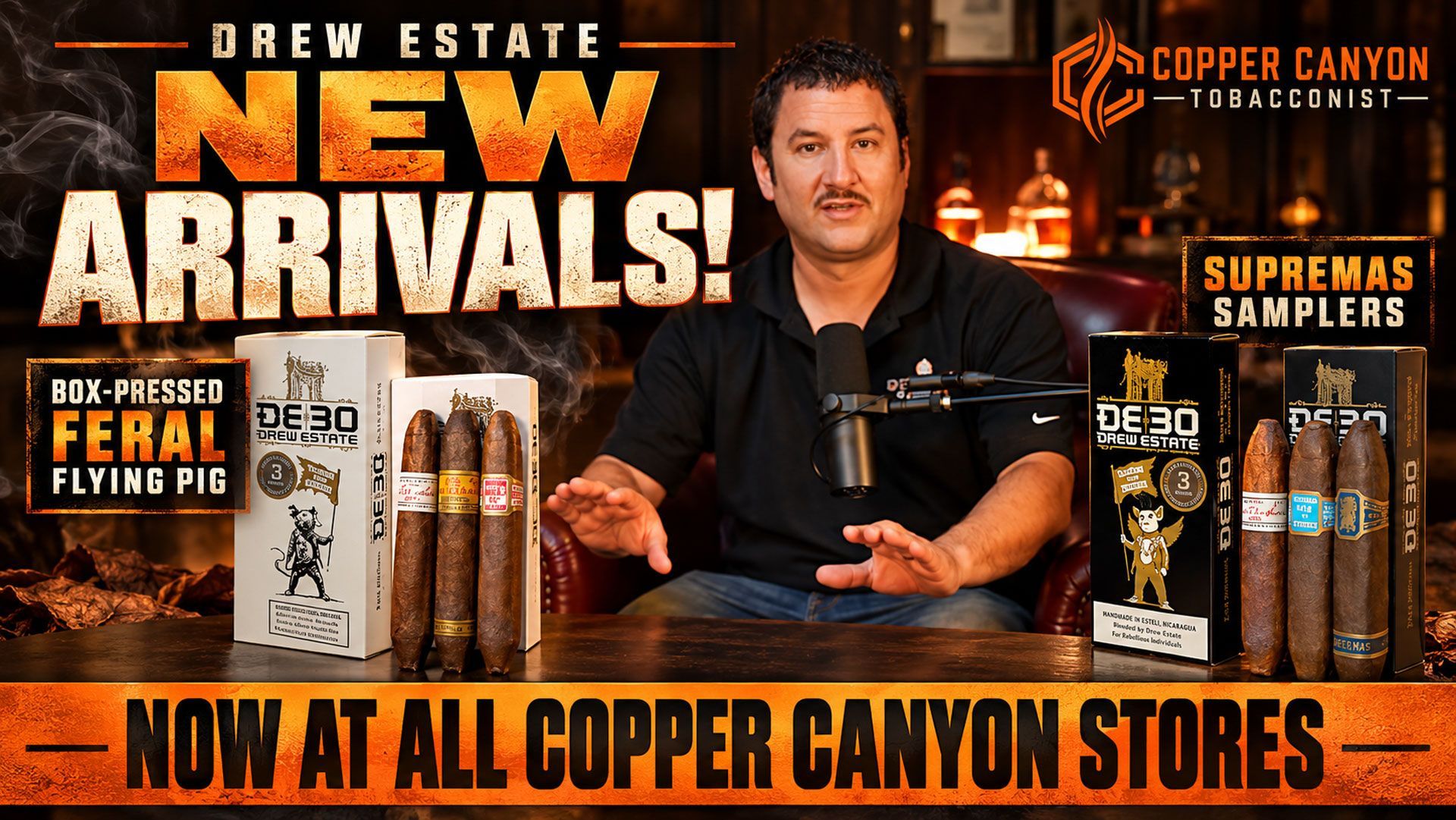 Drew Estate’s new Box-Pressed Feral Flying Pig and Supremas Samplers at Canyon Tobacconist stores