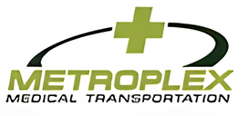 Logo for Metroplex Medical Transportation, a green cross with a curved arc over the word