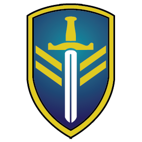 Blue and gold shield emblem with a sword and chevrons, outlined in black