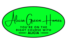 Green oval &ldquo;Alicia Green Homes&rdquo; logo with the slogan &ldquo;You&rsquo;re on the right course with Alicia.&rdquo;