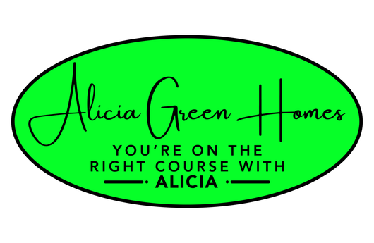 Green oval “Alicia Green Homes” logo with the slogan “You’re on the right course with Alicia.”