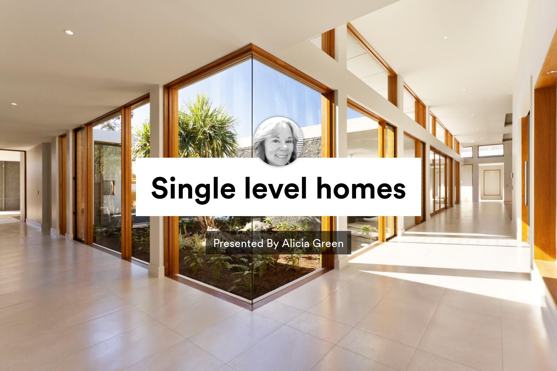 Modern open-plan house interior with large windows and text “Single level homes”