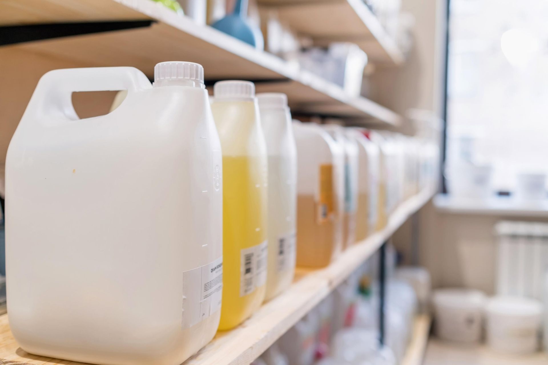 Plastic containers of liquids on a pharmacy or lab shelf, including white jugs and yellow bottles