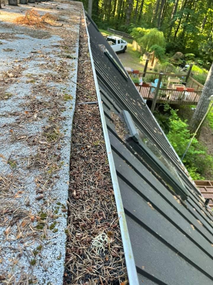 Roof gutter filled with leaves beside a dark metal roof and a driveway below
