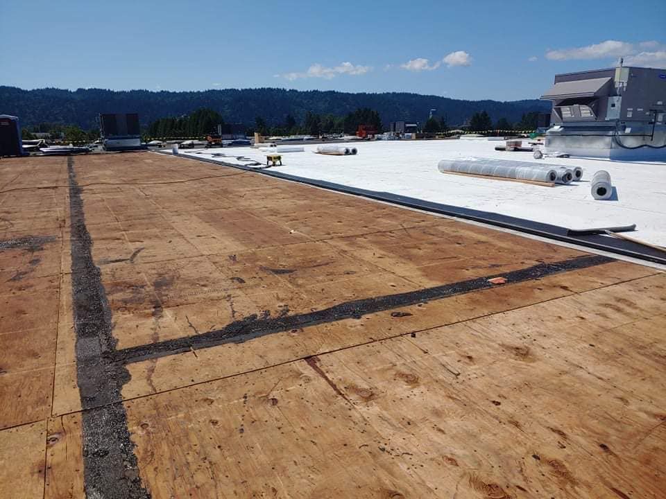 Roof under construction with plywood decking and white underlayment, mountains in the background