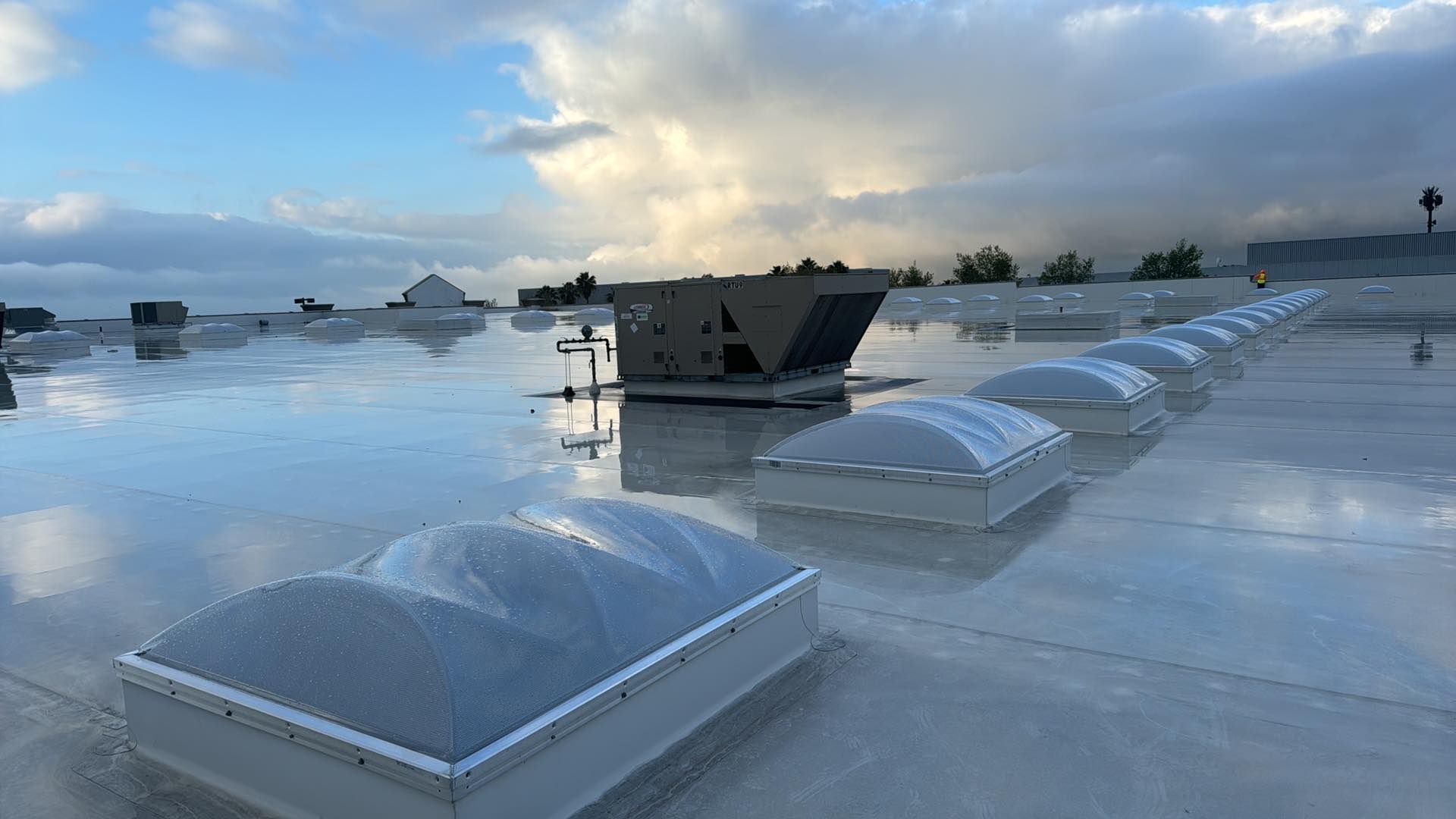 Rooftop with skylight domes reflecting a cloudy sky and water, with a ventilator unit nearby