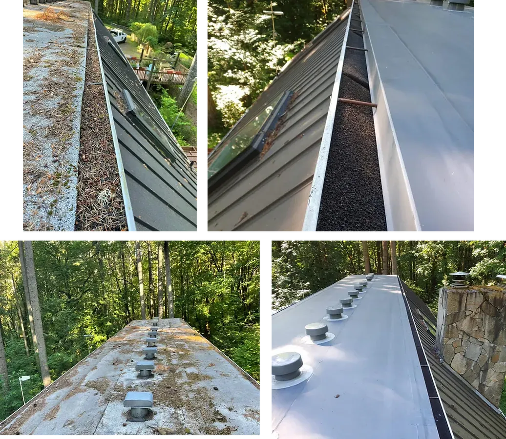 Collage of roof repair photos showing old debris, exposed underlayment, and a new white roof on a wooded home.