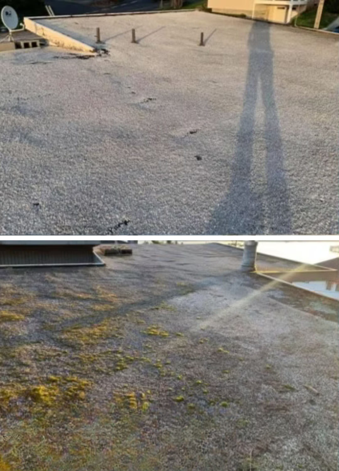 Two rooftop photos showing gravel surfaces, wet patches, and long shadows at sunset