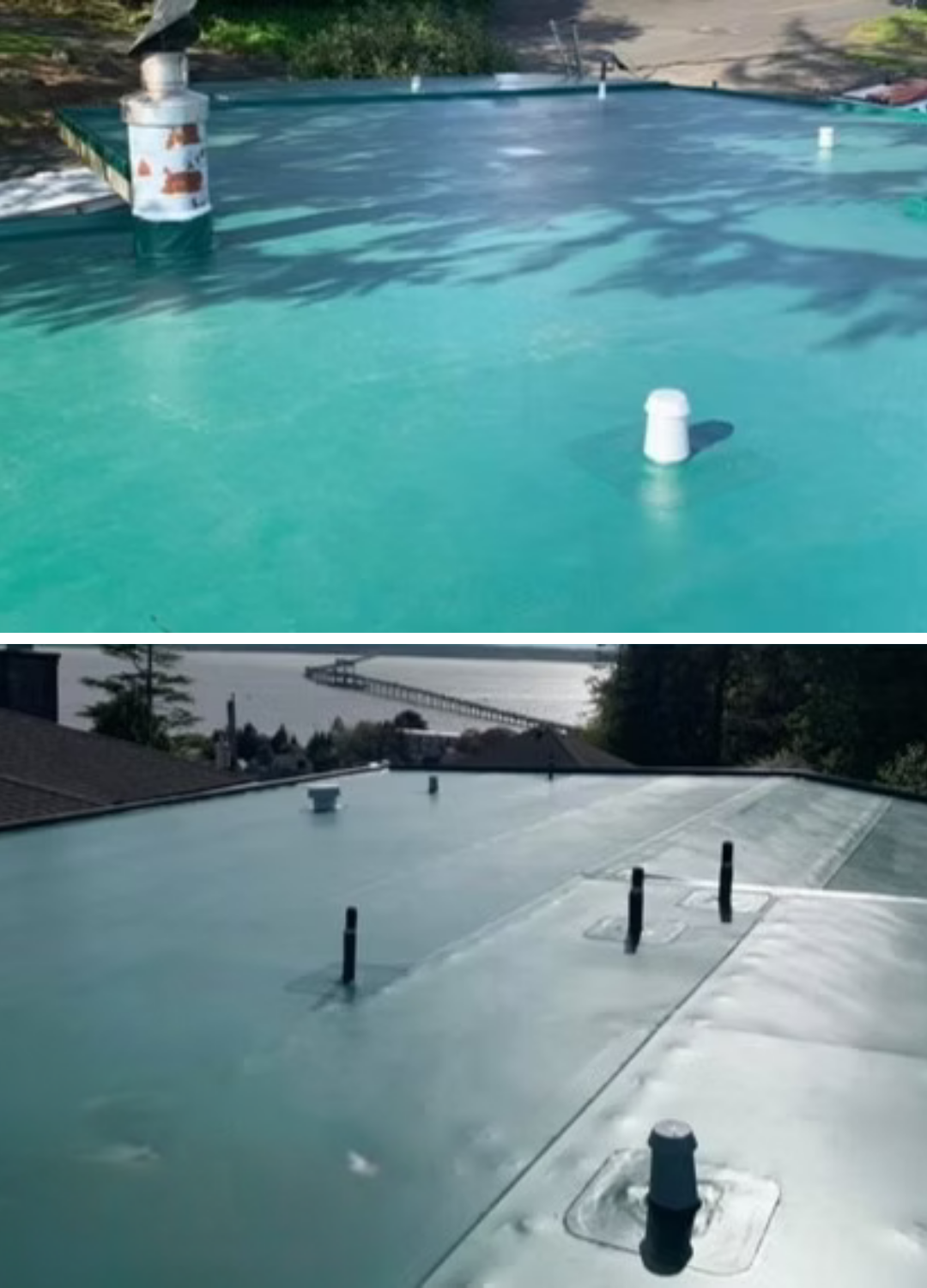 Pool roof before and after: blue water, then a white tarp covering the pool with pipes exposed