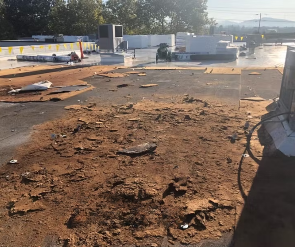 Rooftop with damaged black roofing and debris, surrounded by white HVAC units in sunlight