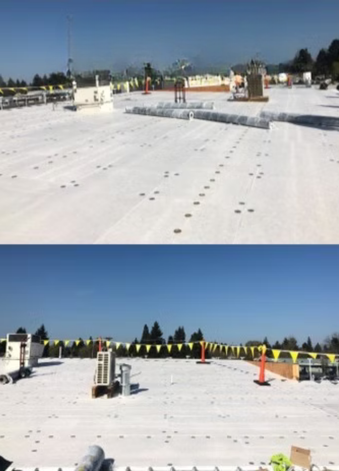 Two rooftop construction views with white waterproofing, vents, and orange safety cones under a blue sky