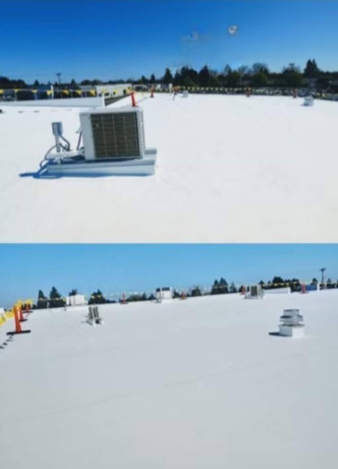 Commercial building rooftop with HVAC units under a clear blue sky