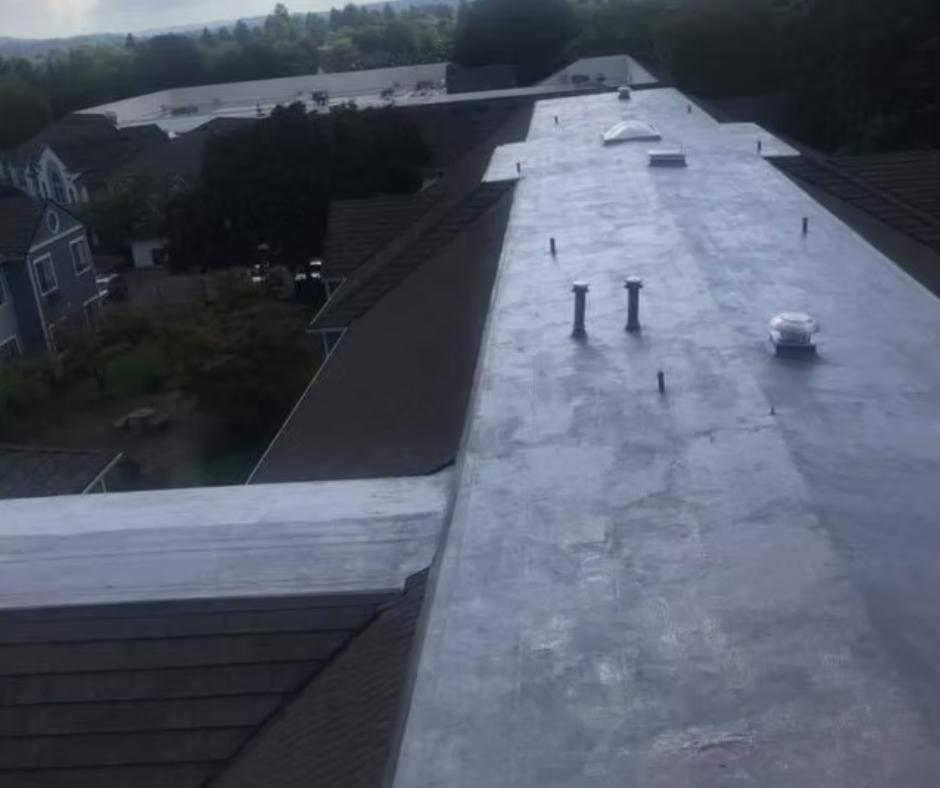 Rooftop view of a flat gray roof with vents, surrounded by trees and nearby buildings at dusk