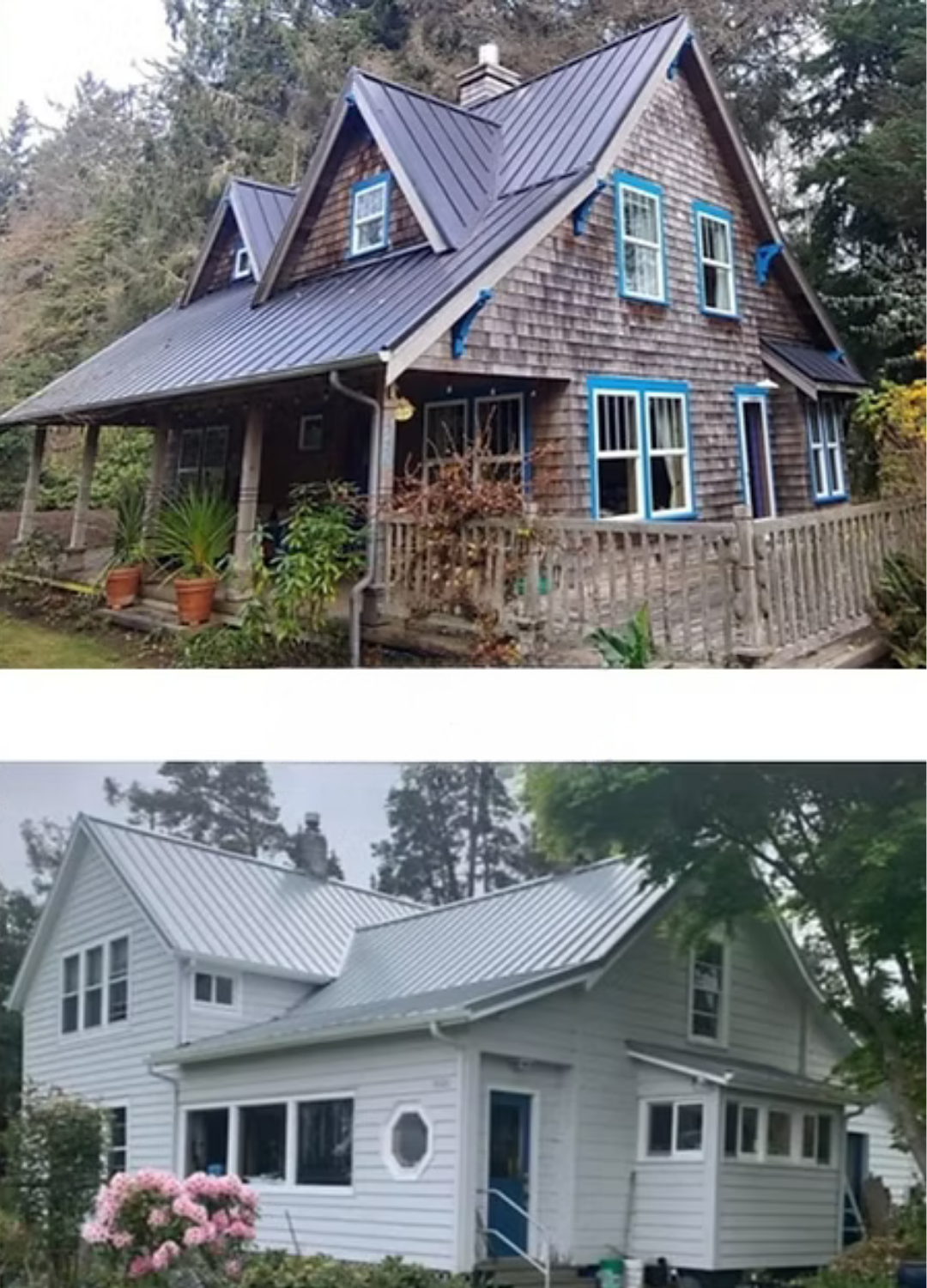 Two side-by-side houses: a dark wood cottage and a white house with a blue door and gray roof.