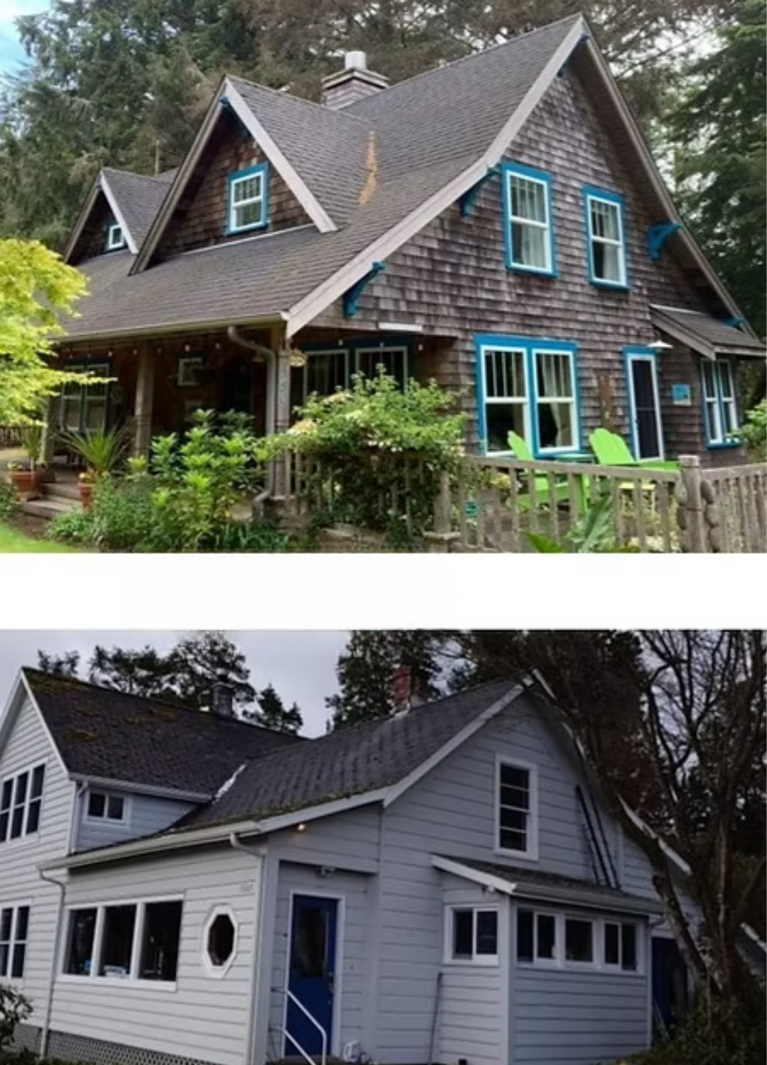 Two small houses side by side: a dark shingled cottage with bright blue trim and a white house with a blue door.