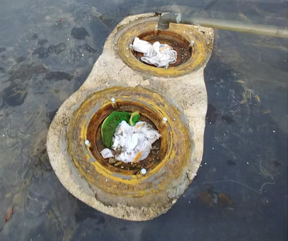 Two rusted drain openings in a wet concrete surface, each stuffed with crumpled white paper and one with green debris.