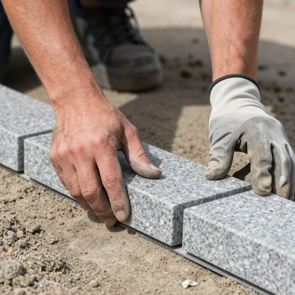 Hands laying gray stone pavers on sandy ground at a construction site