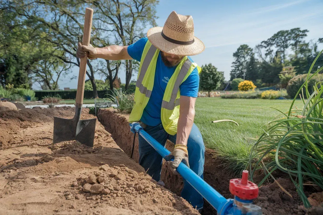 Worker in straw hat installs blue pipe in a dirt trench beside a shovel in a sunny yard