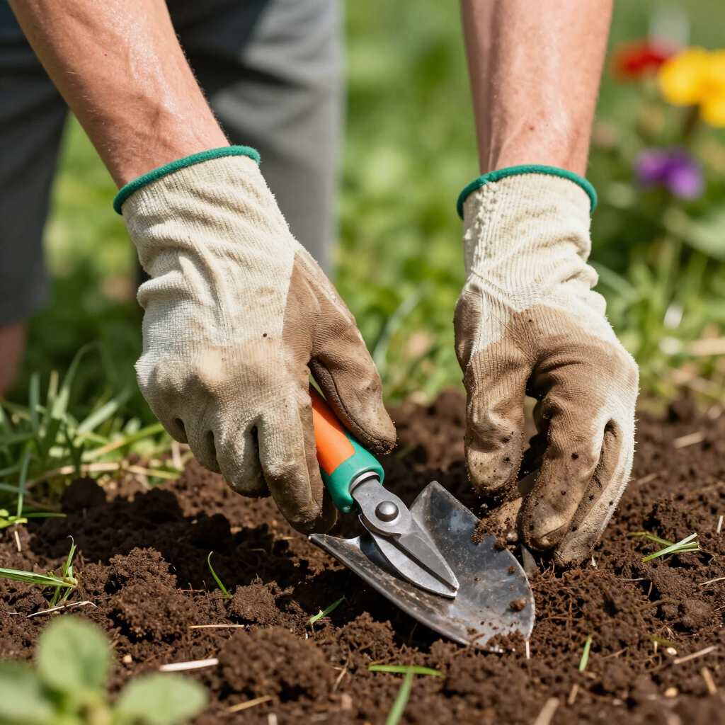 Gloved hands using a hand trowel to dig soil in a garden bed with flowers in the background