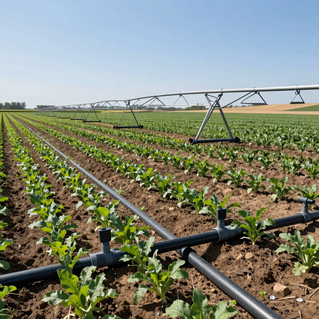 Irrigated crop rows in a farm field under a clear blue sky