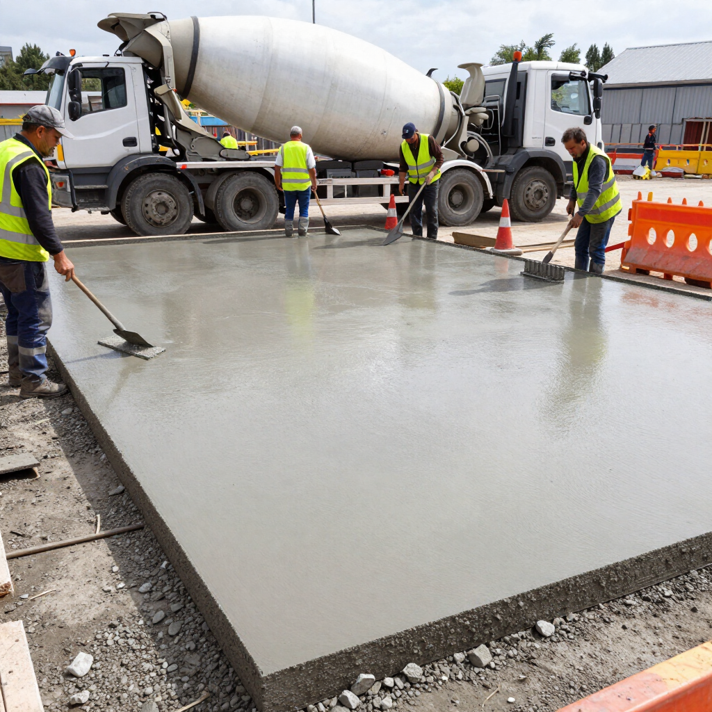 Workers pour and smooth wet concrete on a construction site beside cement mixer trucks.
