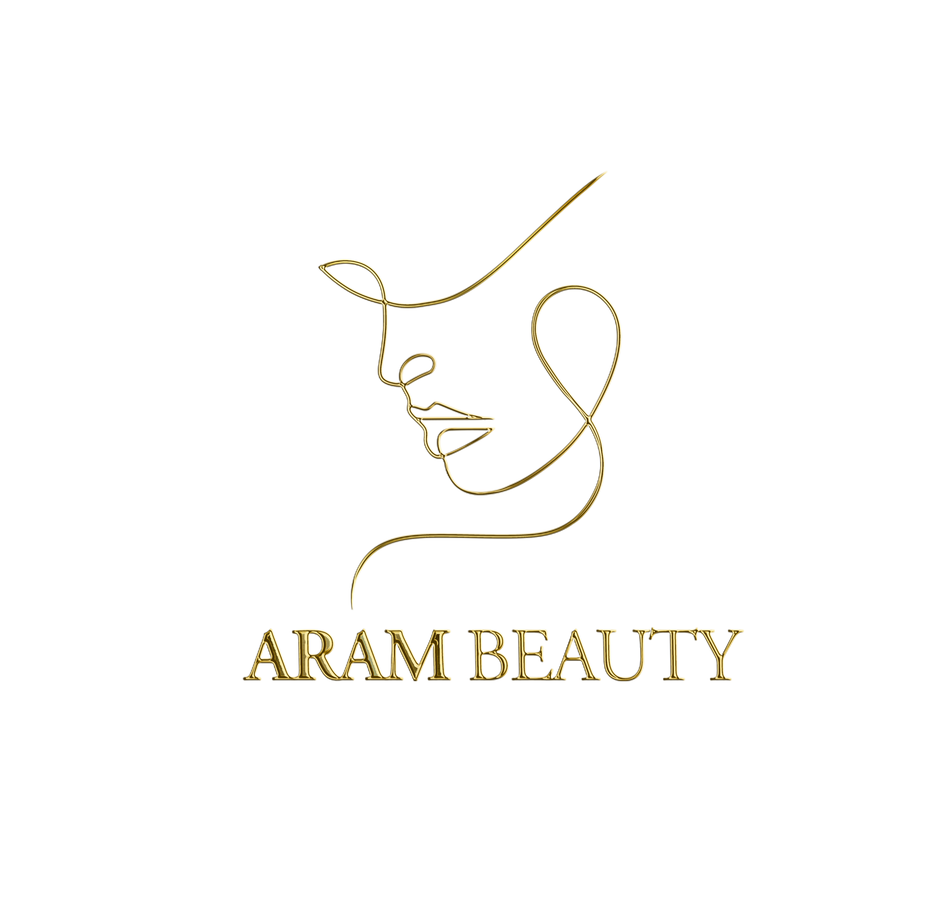 Goldene Strichzeichnung eines Frauengesichts mit dem Text „ARAM BEAUTY“ darunter.
