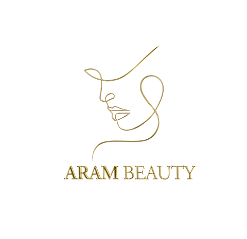 Goldene Strichzeichnung eines Frauengesichts mit dem Text „ARAM BEAUTY“ darunter.