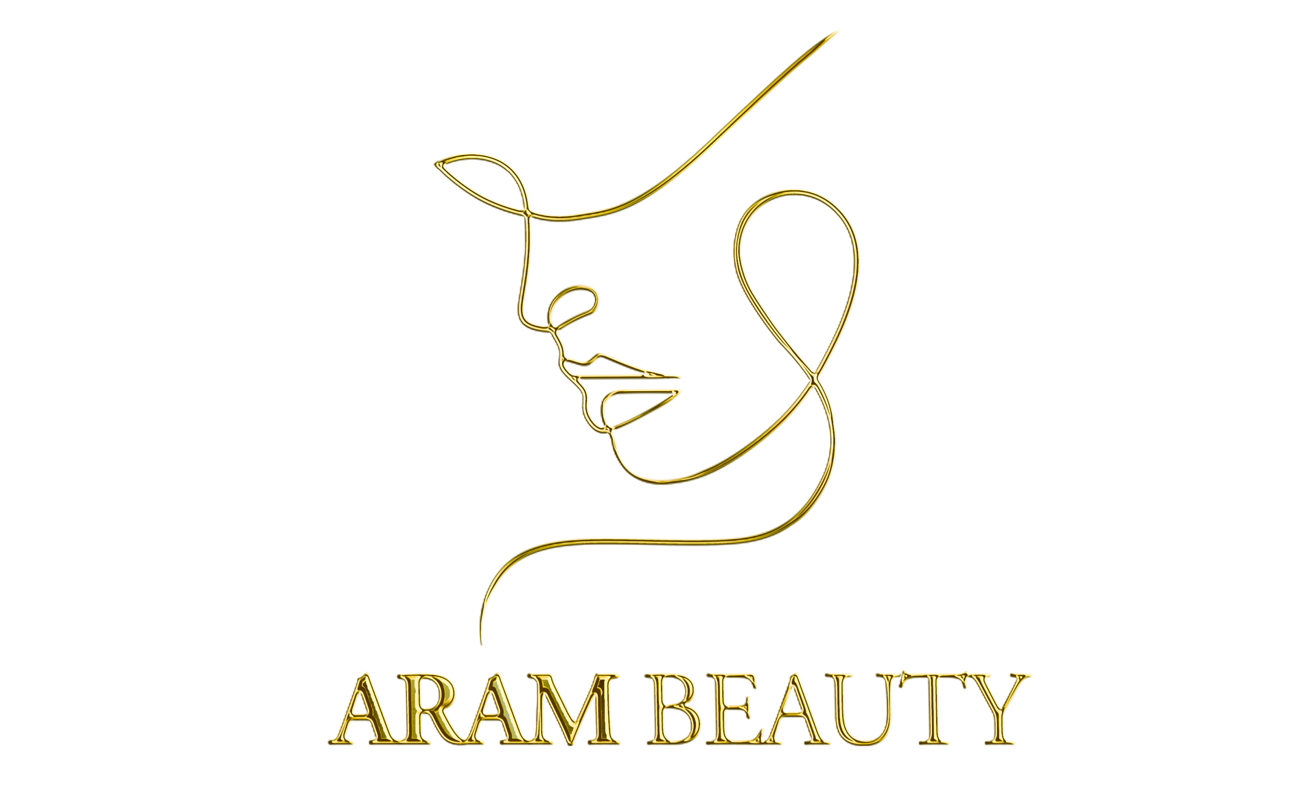 Goldener Umriss eines Frauengesichts; darunter steht in Gold „ARAM BEAUTY“.