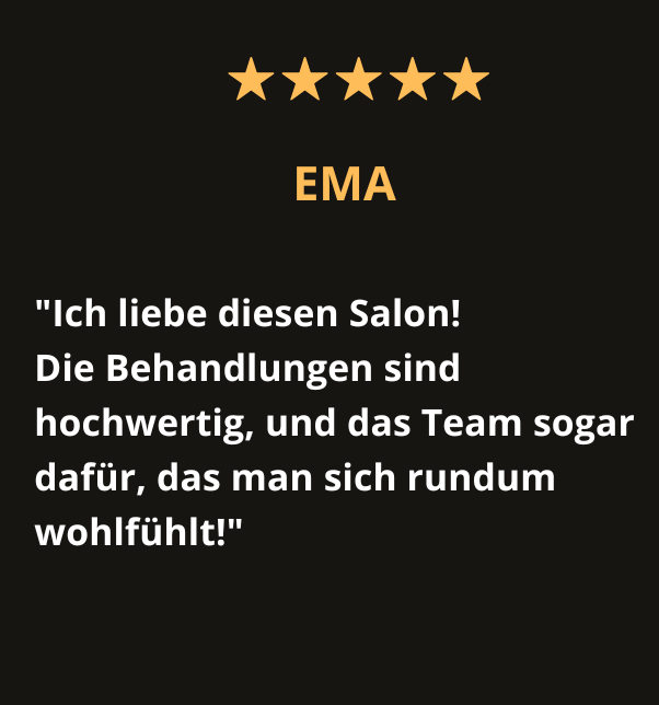 Bewertung eines Salons mit 5 Sternen, einem Zitat auf Deutsch und dem Namen „EMA“.