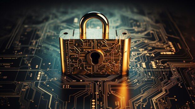 Goldenes Vorhängeschloss mit Leiterplattendesign auf einer leuchtenden Leiterplatte, das Cybersicherheit symbolisiert.