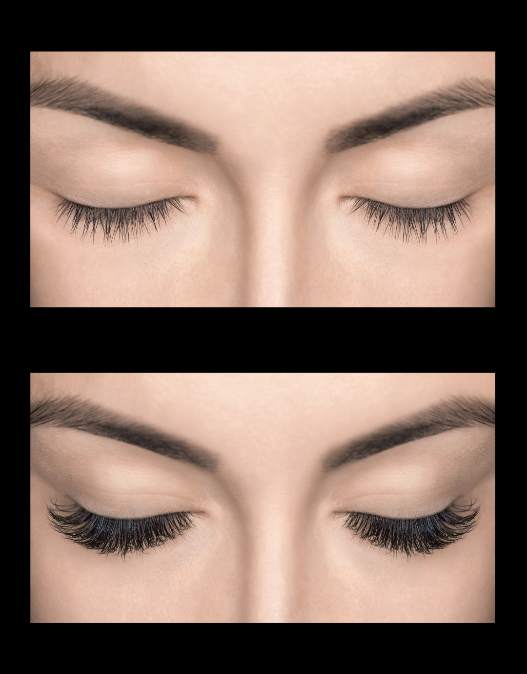 Vorher-Nachher-Vergleich geschlossener Augen mit kurzen und langen, dunklen Wimpern.