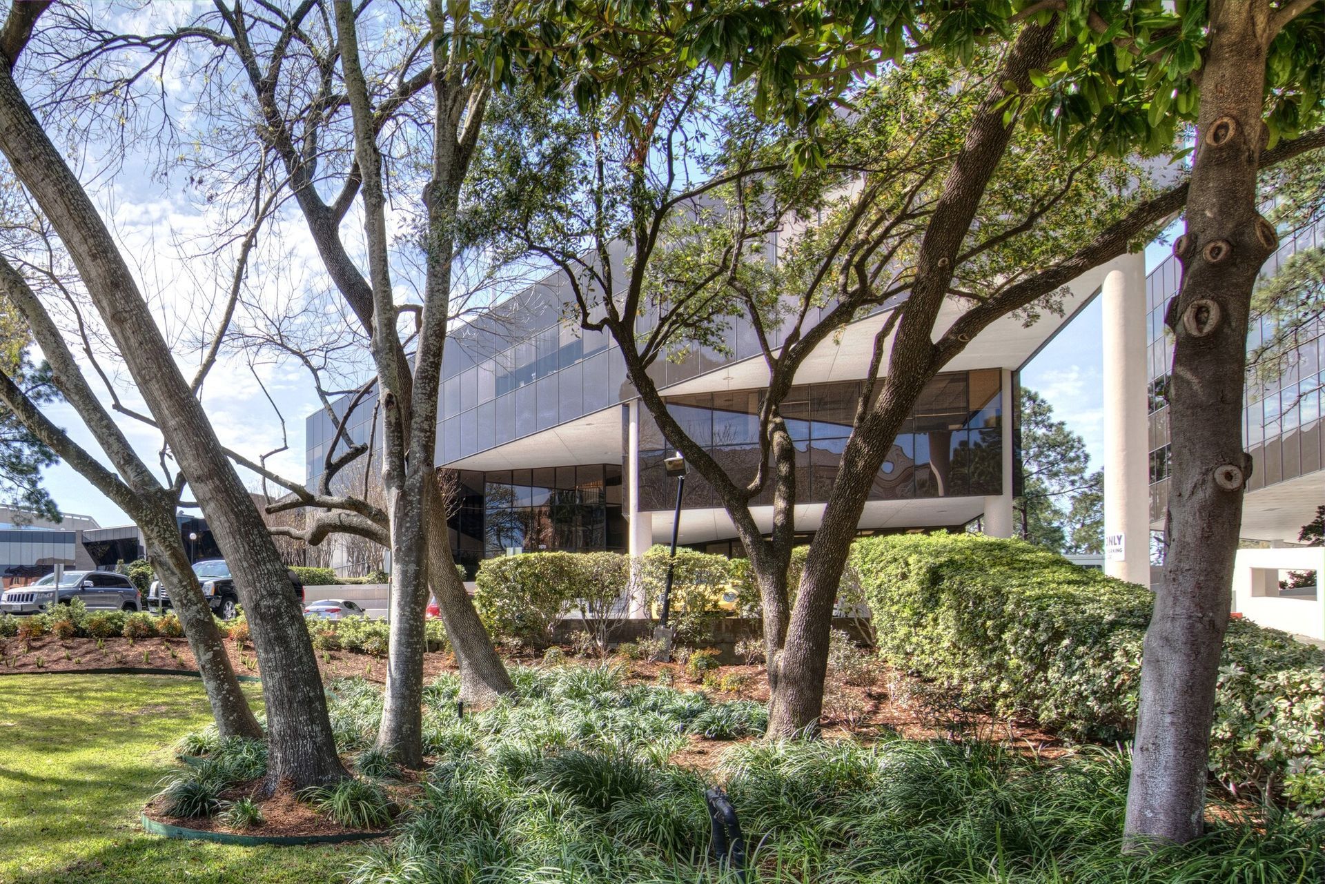Office building exterior with trees and landscaping.