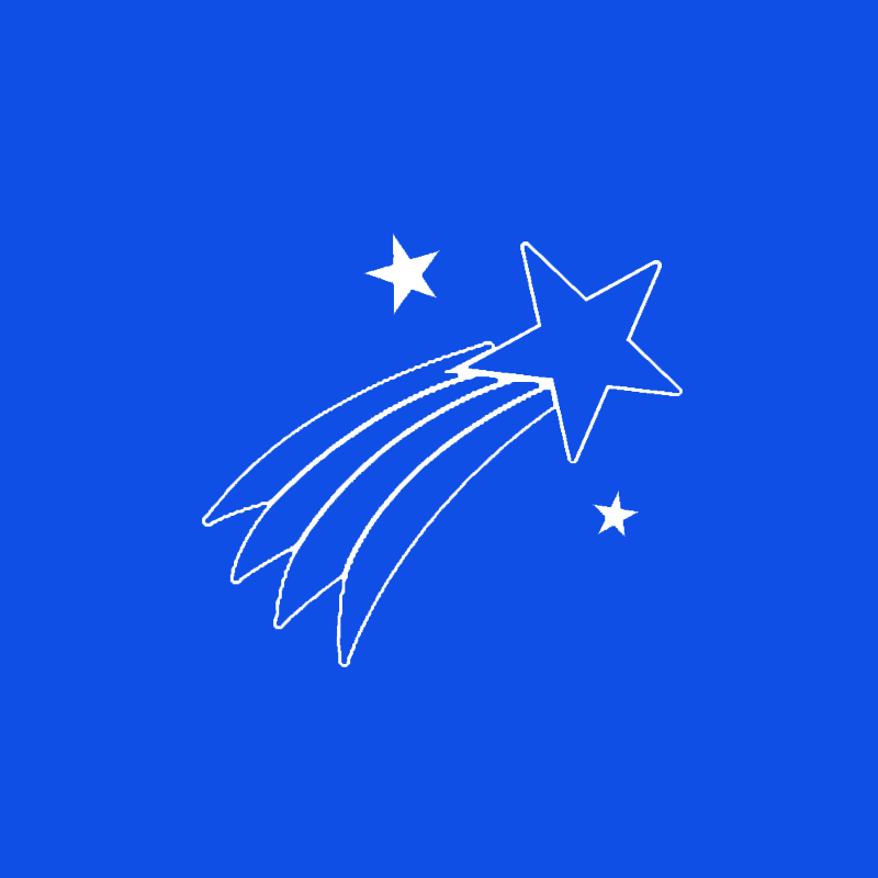 White shooting star with multiple tail streaks on a blue background, with two smaller stars.