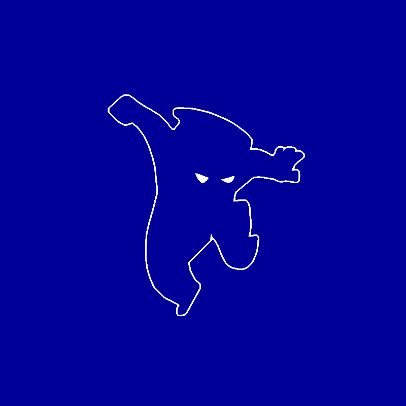 White silhouette of a creature jumping, eyes glowing, on a blue background.