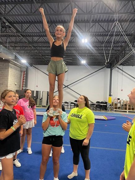 Cheerleaders practicing stunt. One is lifted in air. Others watch in gym.