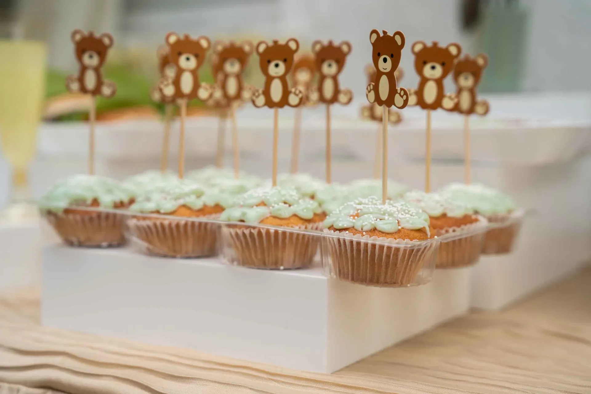 A row of cupcakes with teddy bears on sticks on a table.