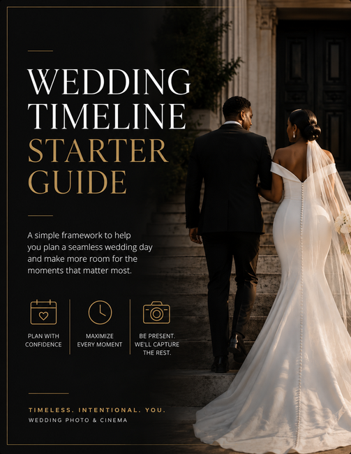 Wedding timeline start guide cover with a bride and groom walking away in a doorway, dark gold text.
