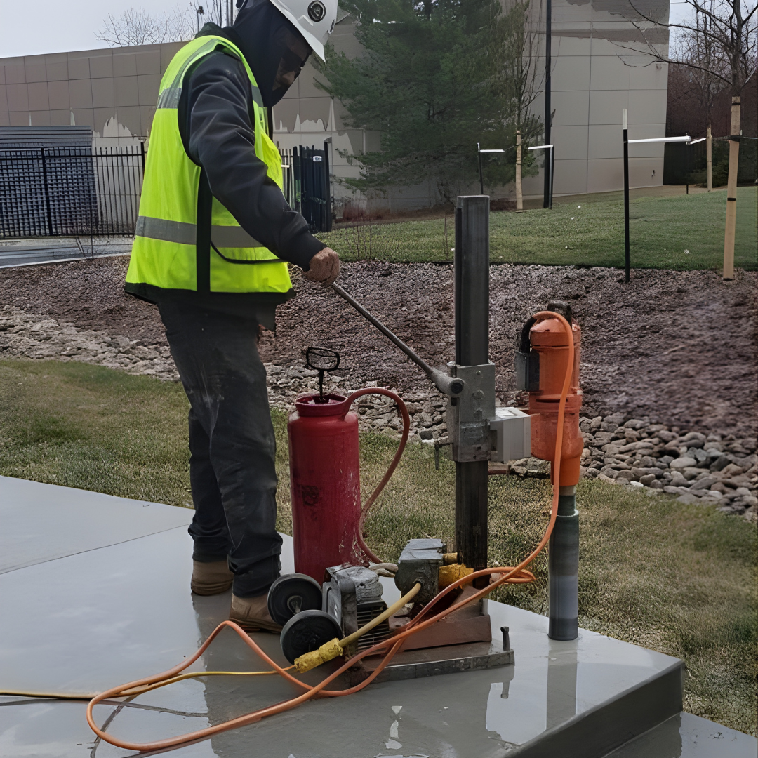 Person in orange overalls and gloves using a concrete saw on pavement.