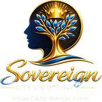 Gold and blue profile logo with tree inside head, &ldquo;Sovereign Life Solutions&rdquo; text beneath