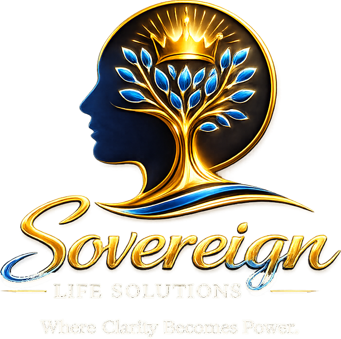 Gold and blue profile logo with tree inside head, “Sovereign Life Solutions” text beneath