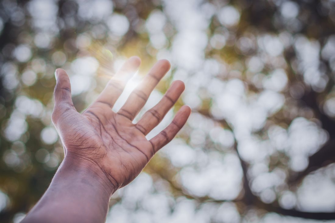 Open hand reaching up toward sunlight against a blurred tree canopy background