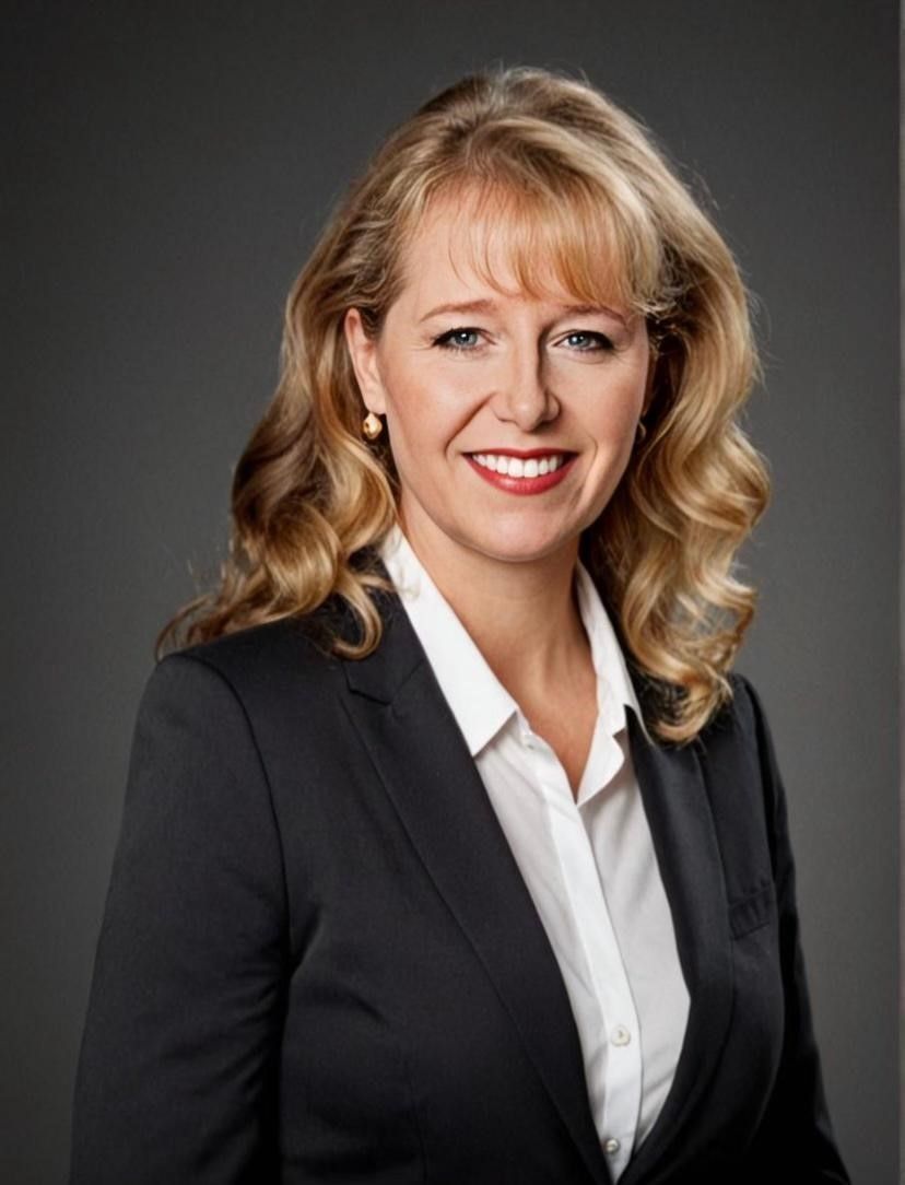Studio portrait of a smiling professional in a dark blazer and white shirt on a gray background