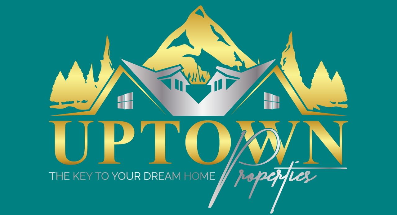 Uptown Properties logo with stylized mountain, trees, and houses in gold and teal